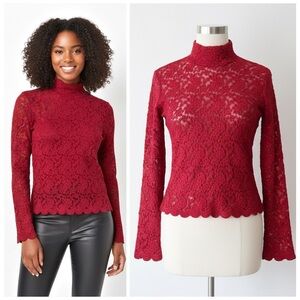 Forenza Red Lace Mock Neck Long Sleeve Top Vintage 90s Scallop Hem Sheer Size S